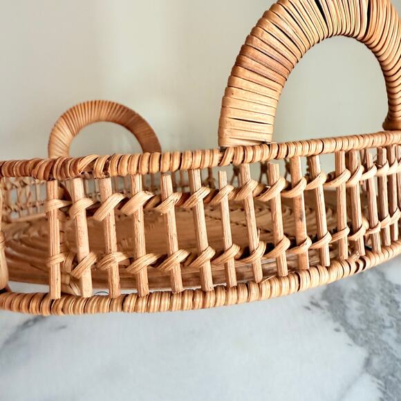 Vintage Hand Woven Serving Tray Dual Handles Rattan Wood 13.5” Round Primitive - Picture 6 of 7